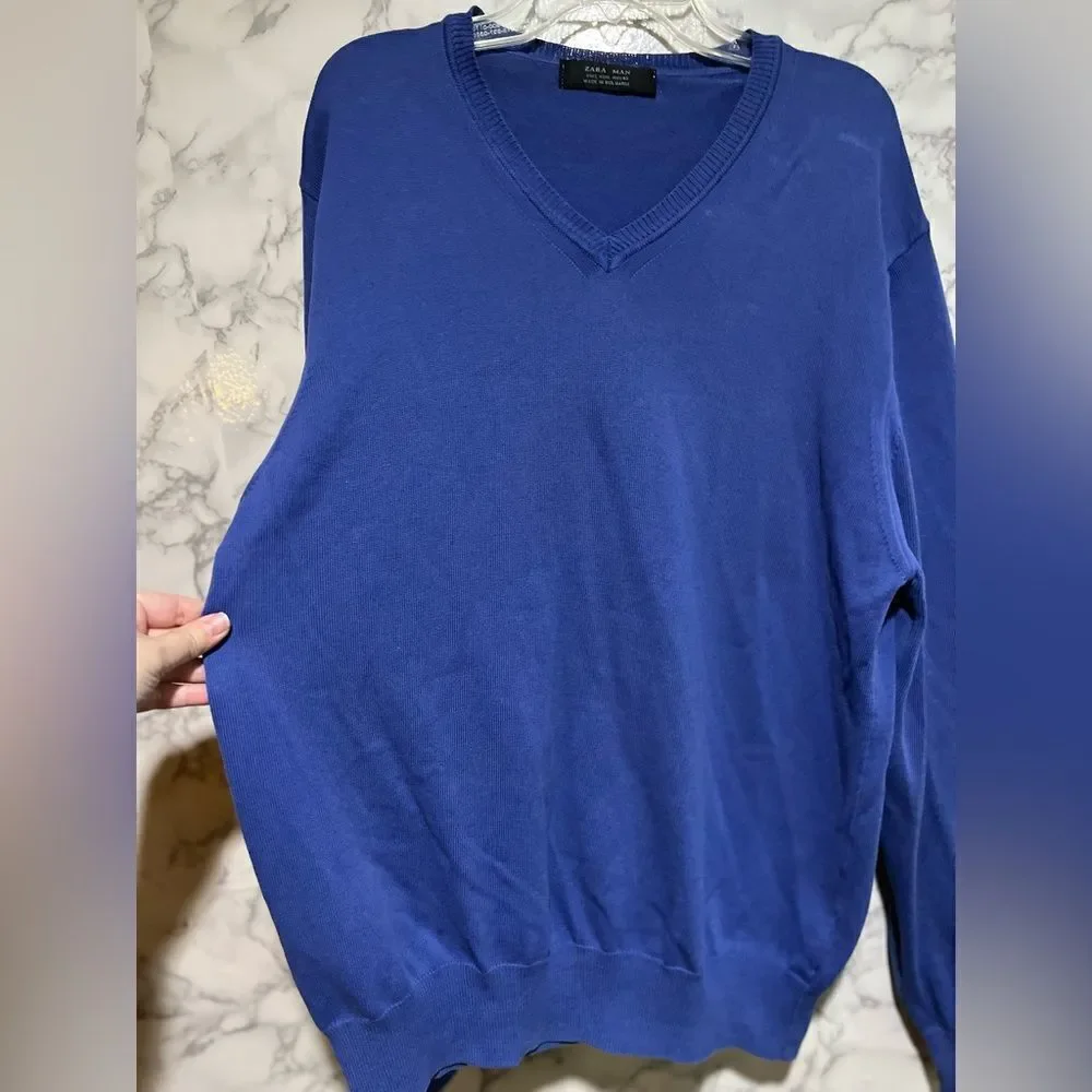 Zara Man Sweater Large Blue Fine Cotton V-neck Longsleeve Bulgaria